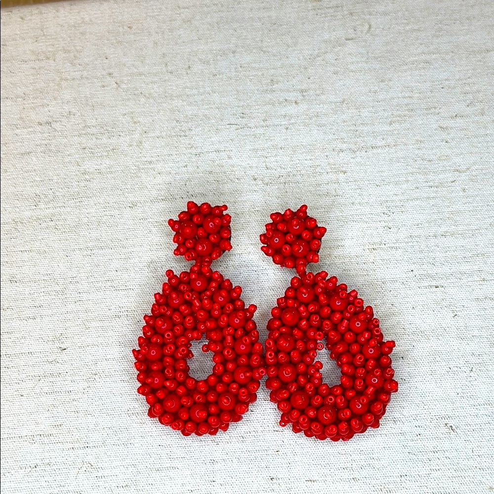 Large red beaded earrings.